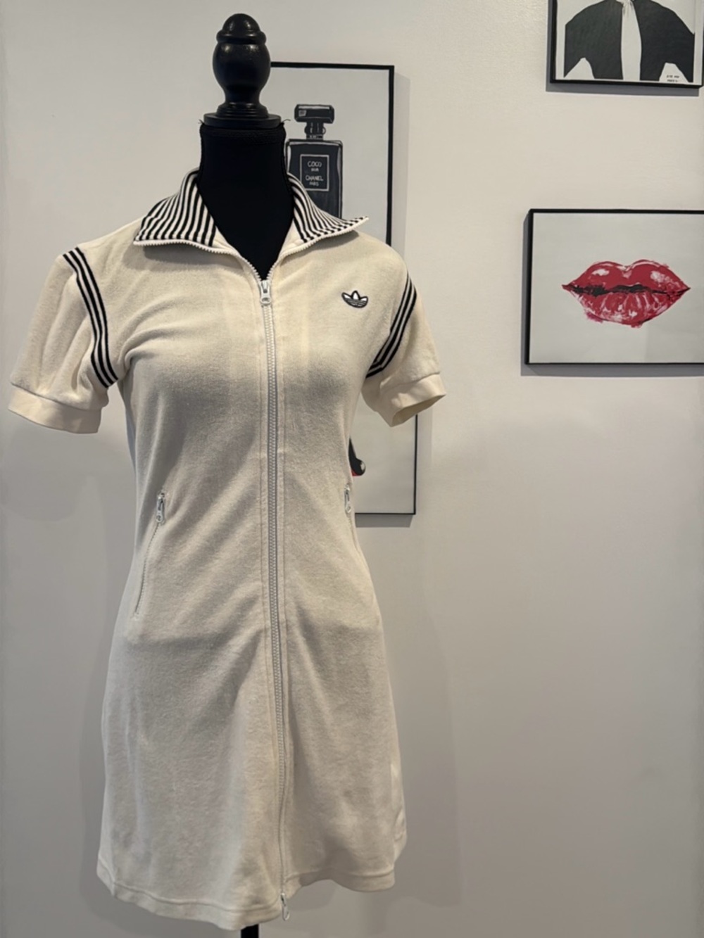 Adidas Originals Cream Zip Mini Dress Tennis Style Striped Sporty Small